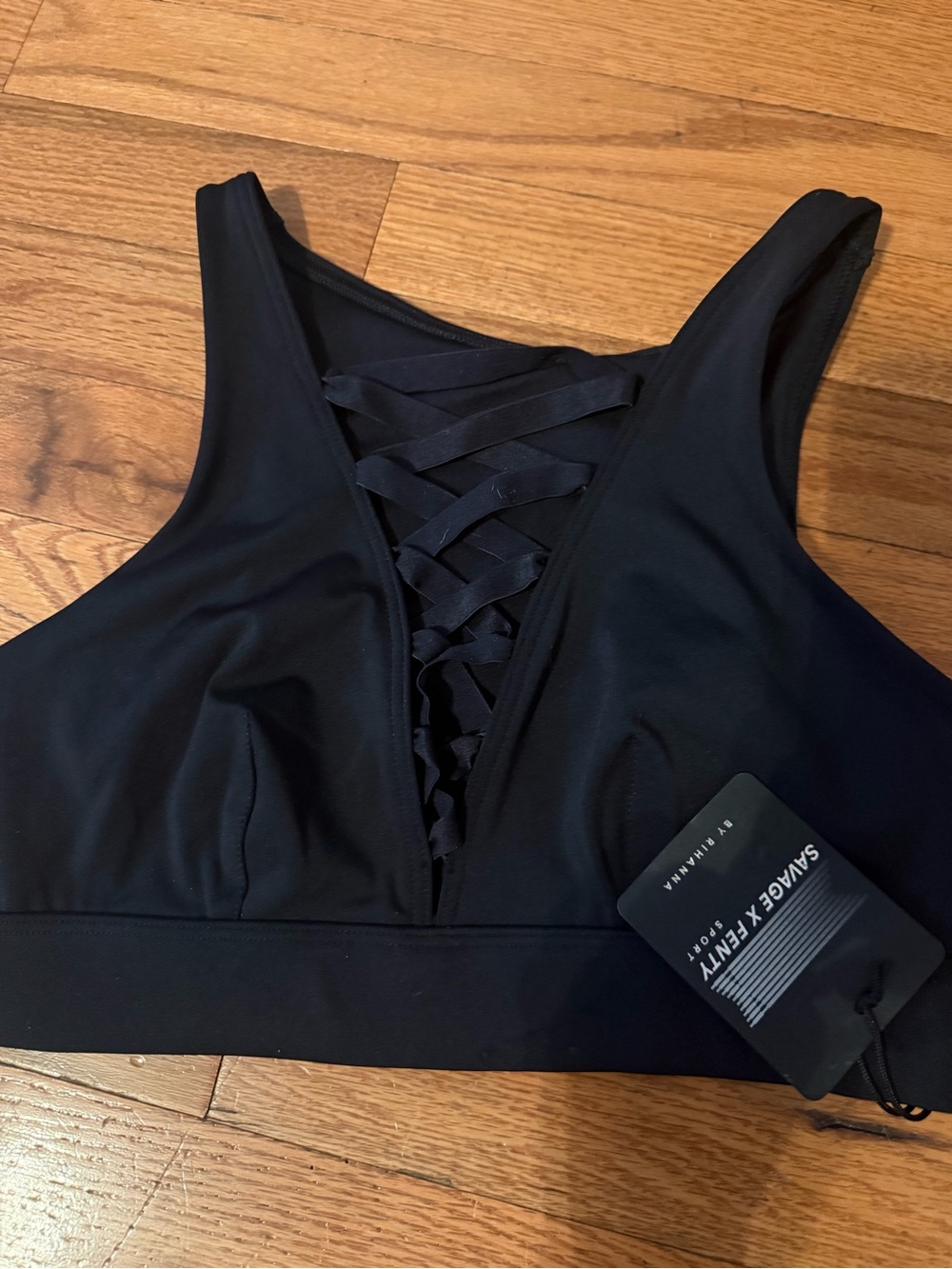 Savage X Fenty Black Lace-Up Deep V Sports Bralette